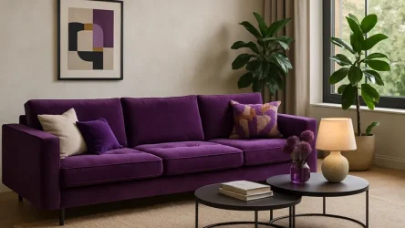 Een gedurfd interieur met paarse accenten en praktische bankoplossingen bij Hoogenboezem